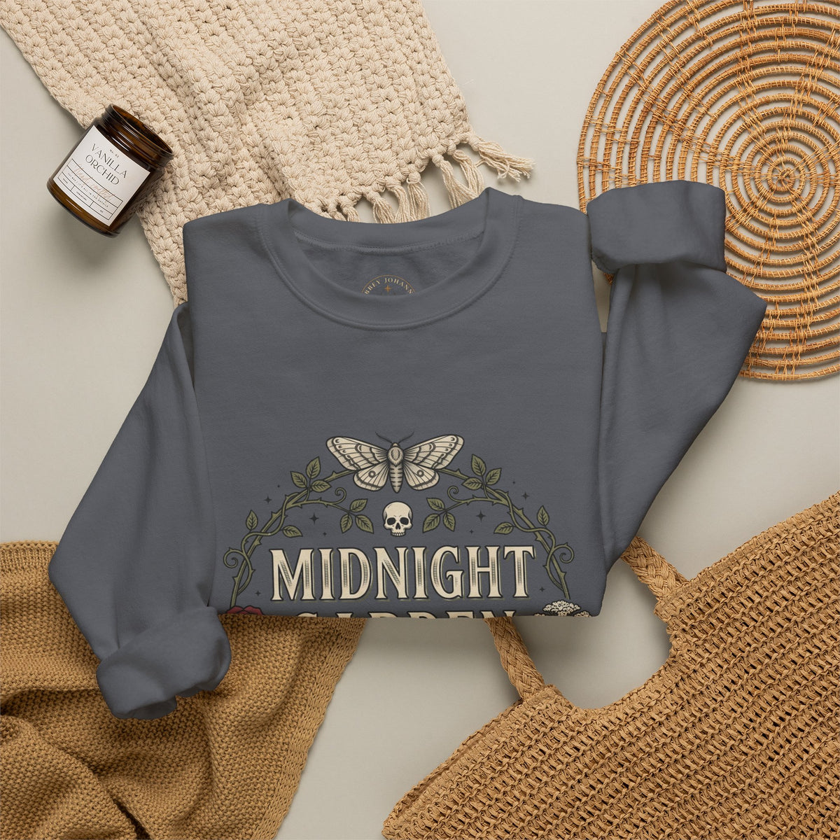 Midnight Garden botanical crest Sweatshirt | Gothic botanicals, floral skull motif — view 10