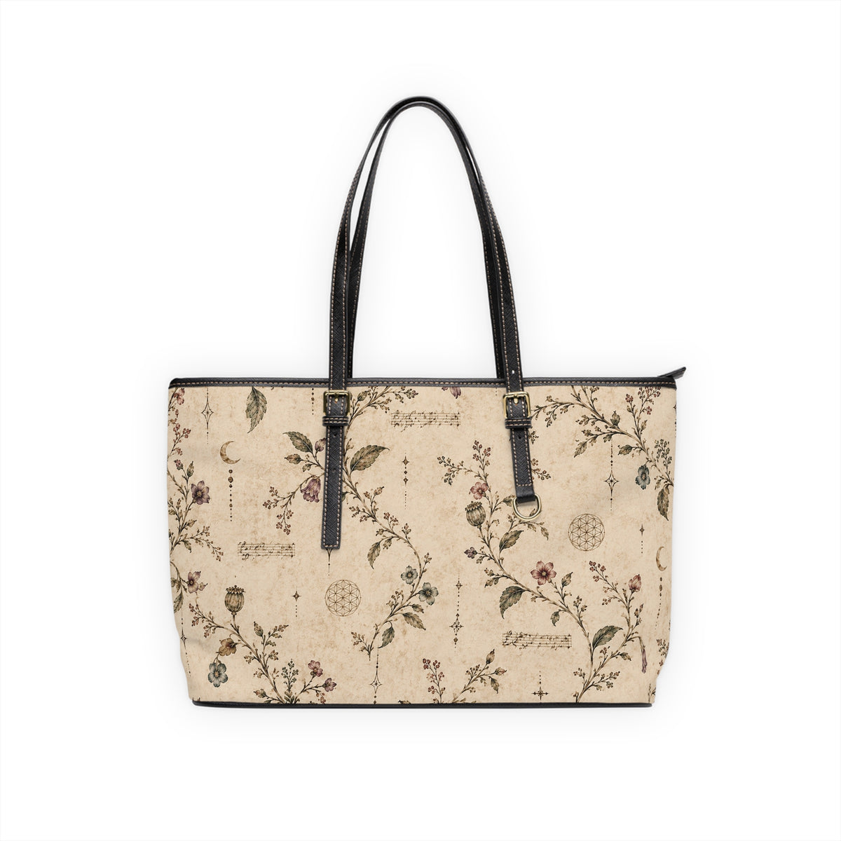 Floral Vintage Leather Over-Sized Shoulder Bag – Beige Botanical Shoulder Purse — view 3