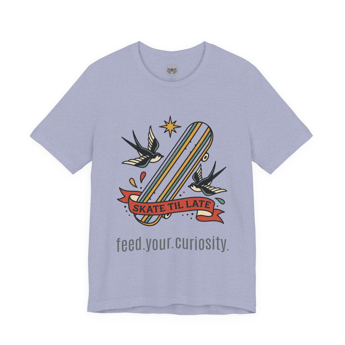 Skate Till Late Skateboard Tee | Traditional Tattoo Flash, Swallows & Banner — view 22