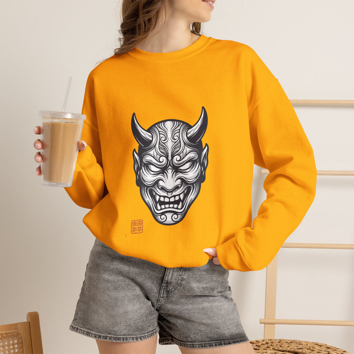 Oni Mask Illustration Crewneck Sweatshirt | Traditional Tattoo-Inspired, Bold Flash Art — view 4