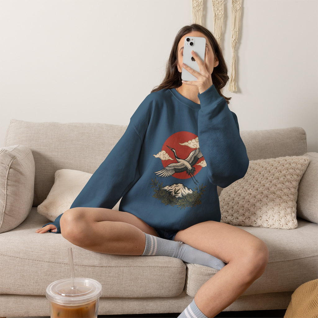 Traditional Tattoo-Style Crane Illustration Sweatshirt | Vintage Flash, Limited Palette — view 75