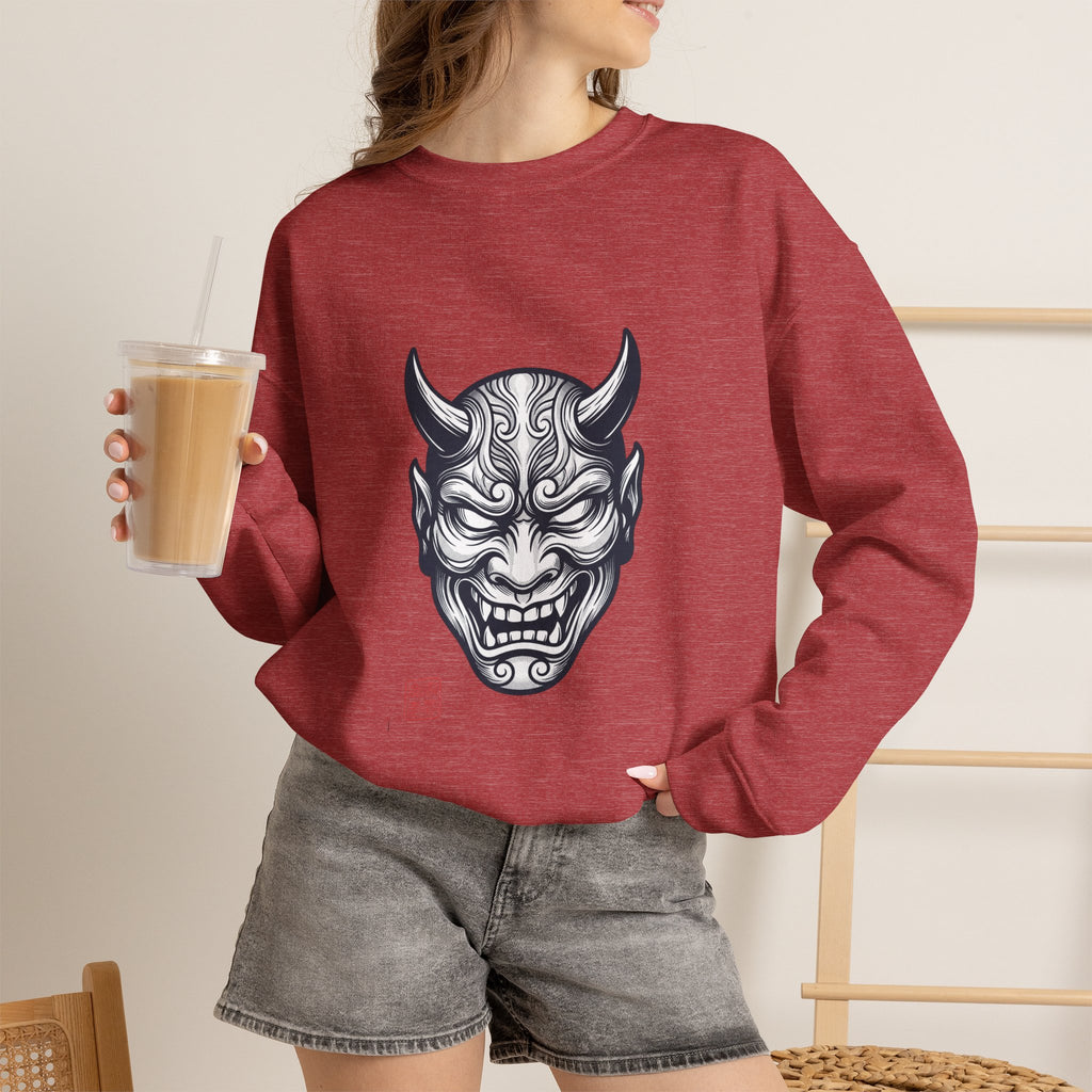 Oni Mask Illustration Crewneck Sweatshirt | Traditional Tattoo-Inspired, Bold Flash Art — view 1