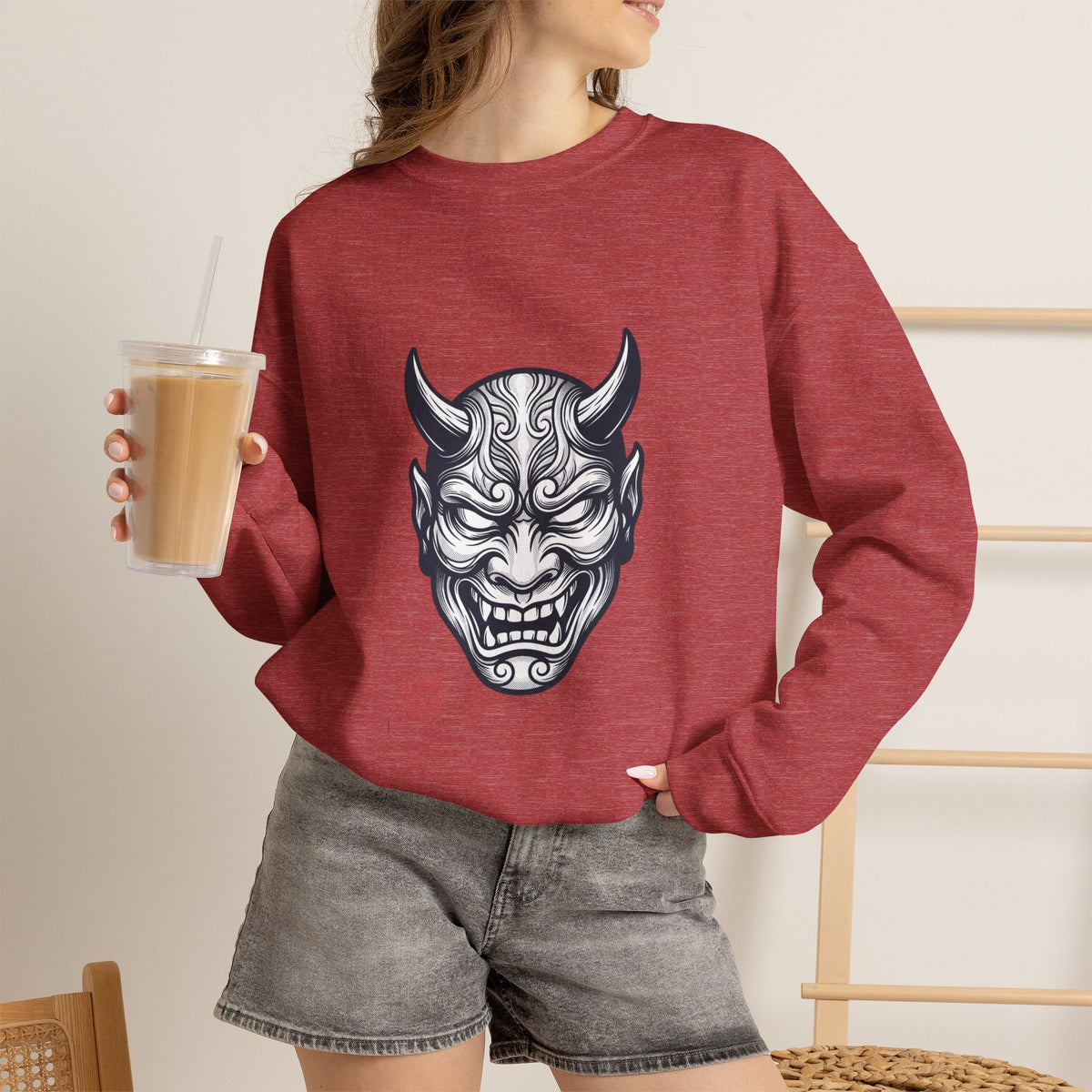 Oni Mask Illustration Crewneck Sweatshirt | Traditional Tattoo-Inspired, Bold Flash Art — view 1