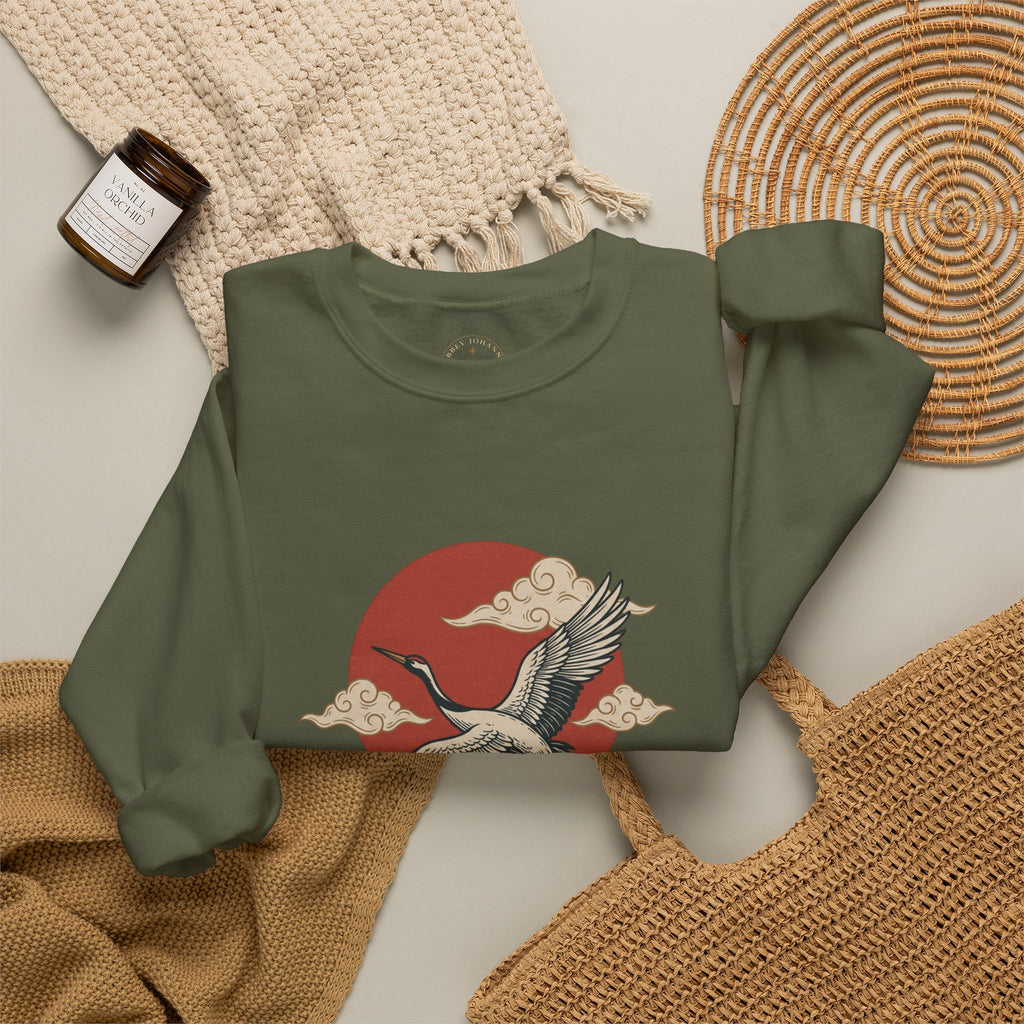 Traditional Tattoo-Style Crane Illustration Sweatshirt | Vintage Flash, Limited Palette — view 56