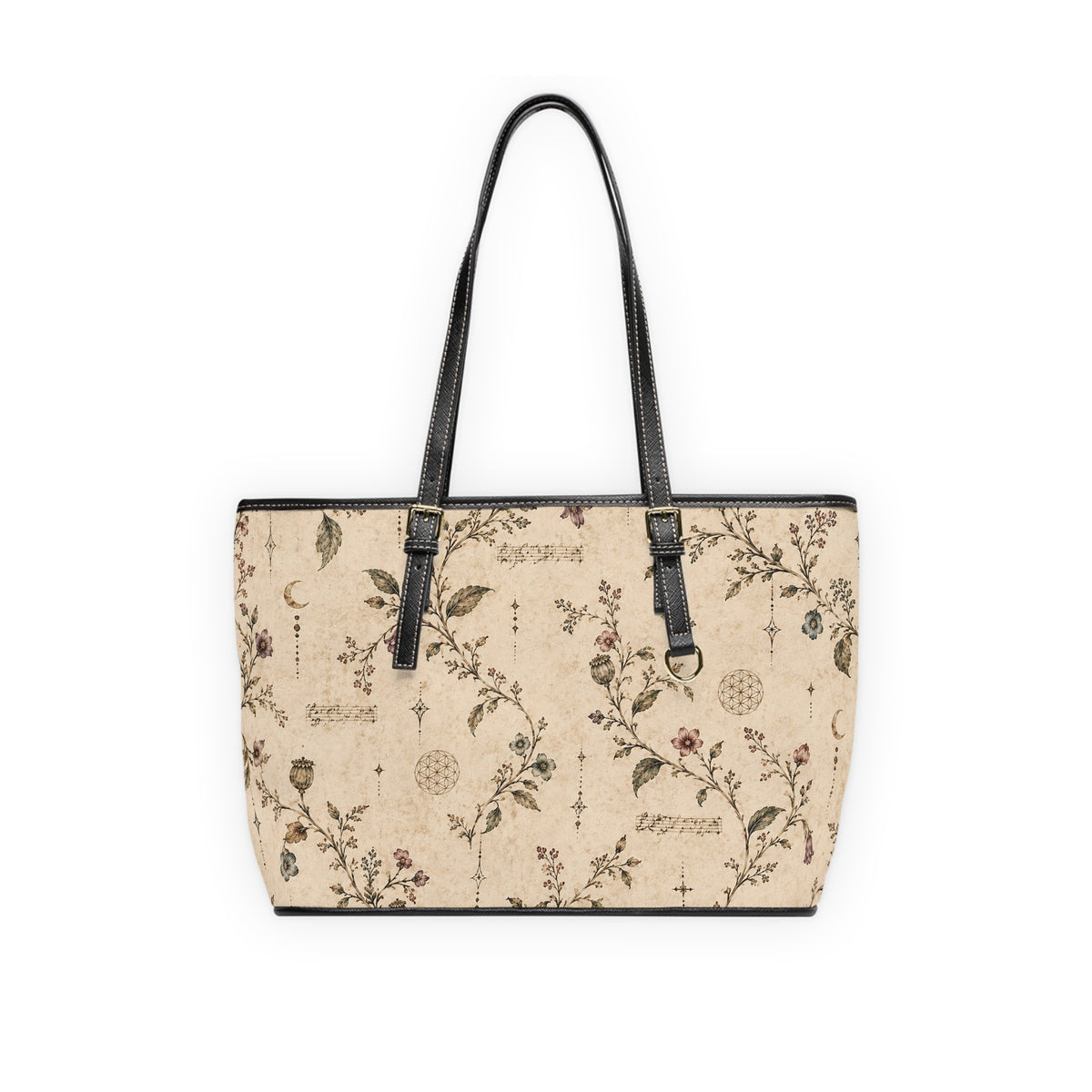 Floral Vintage Leather Over-Sized Shoulder Bag – Beige Botanical Shoulder Purse — view 2