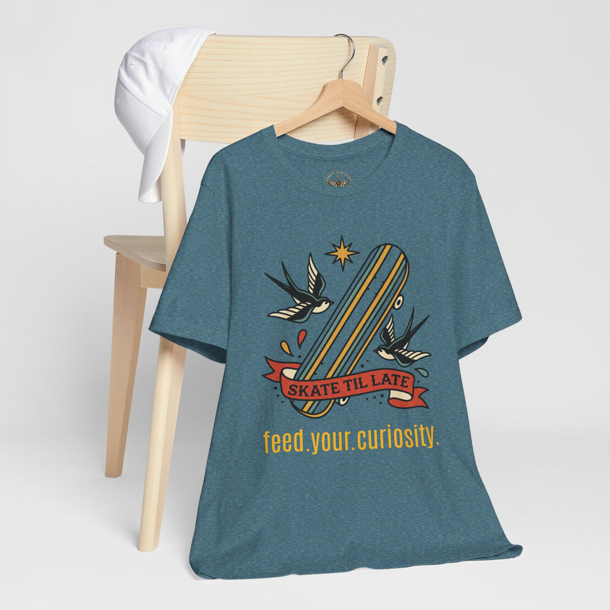 Skate Till Late Skateboard Tee | Traditional Tattoo Flash, Swallows & Banner — view 11