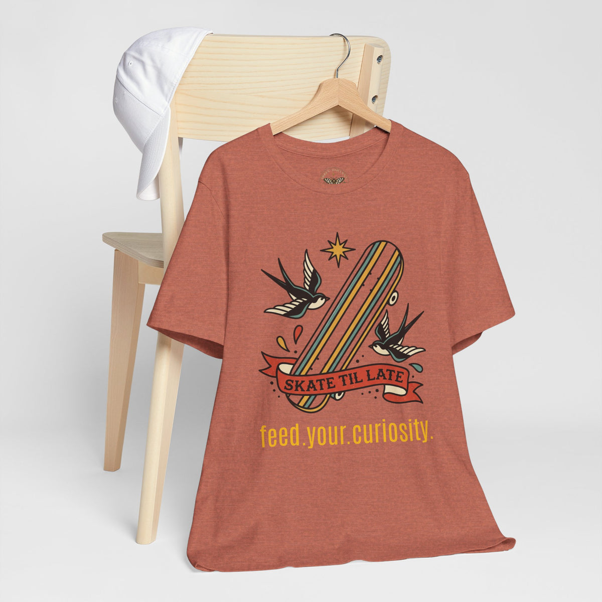 Skate Till Late Skateboard Tee | Traditional Tattoo Flash, Swallows & Banner — view 7