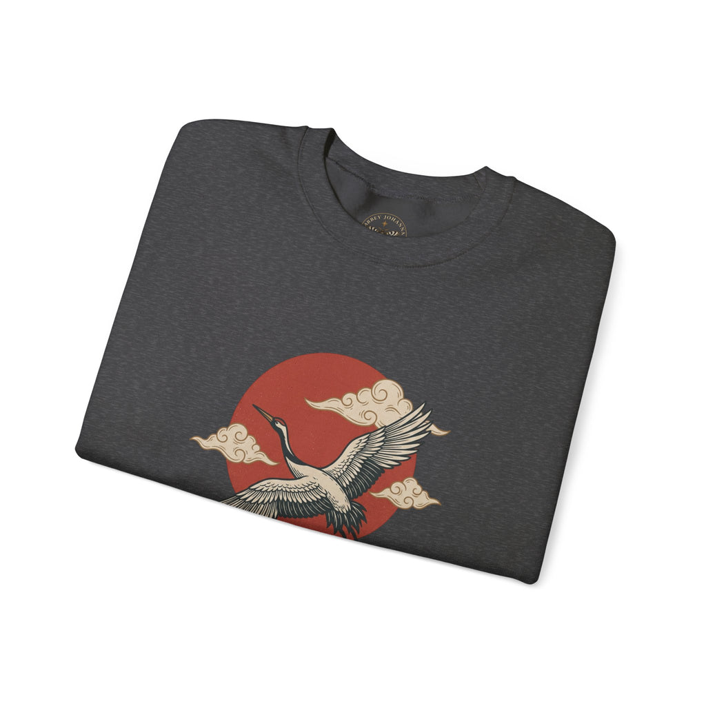 Traditional Tattoo-Style Crane Illustration Sweatshirt | Vintage Flash, Limited Palette — view 64