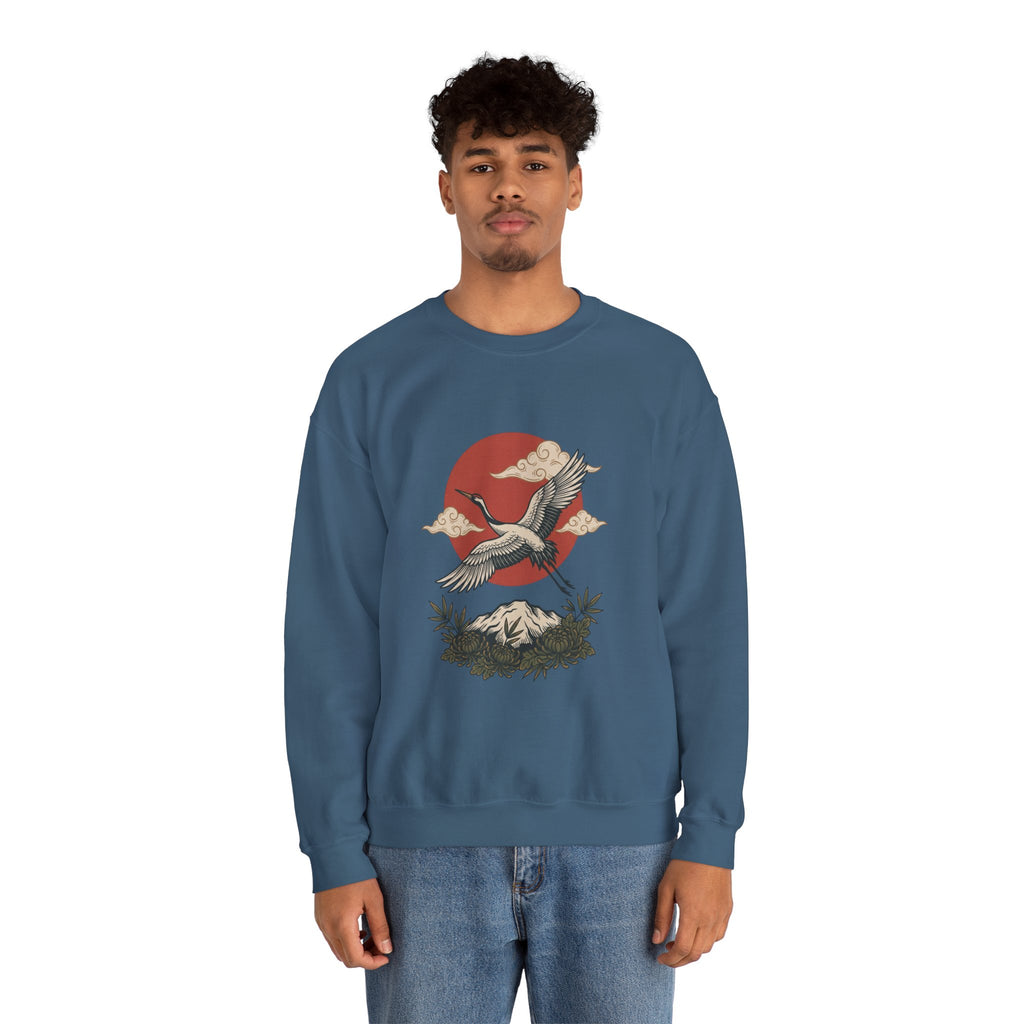 Traditional Tattoo-Style Crane Illustration Sweatshirt | Vintage Flash, Limited Palette — view 76