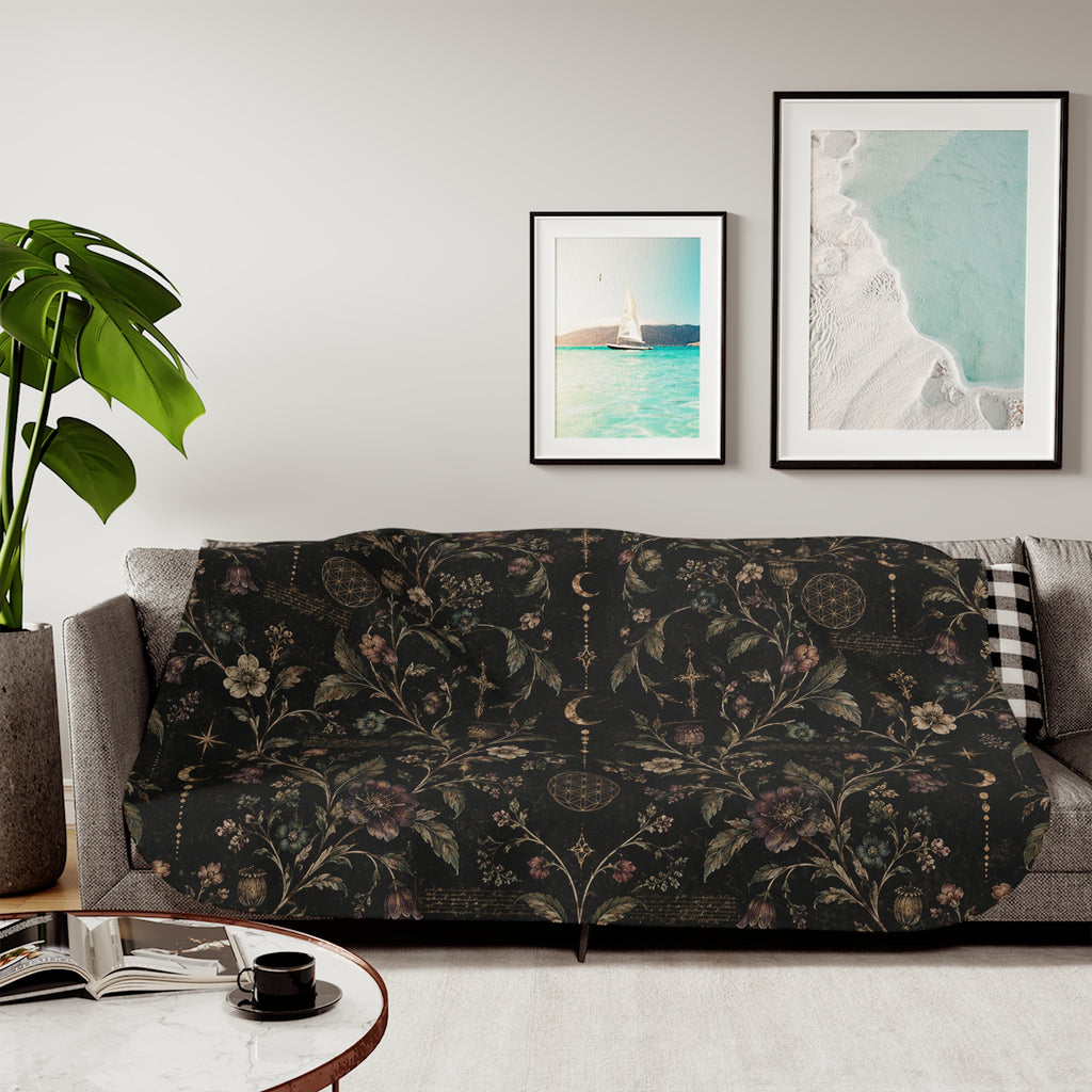 Botanical Moon sherpa blanket with gothic floral and celestial design — product view 2