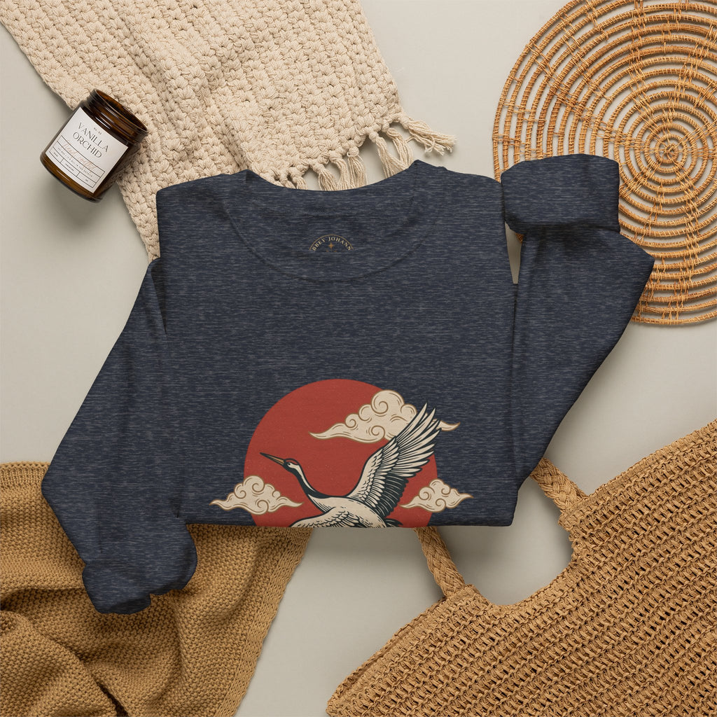 Traditional Tattoo-Style Crane Illustration Sweatshirt | Vintage Flash, Limited Palette — view 12
