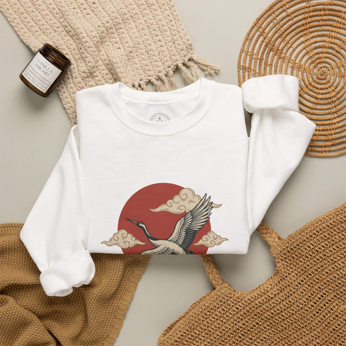 Traditional Tattoo-Style Crane Illustration Sweatshirt | Vintage Flash, Limited Palette — view 20