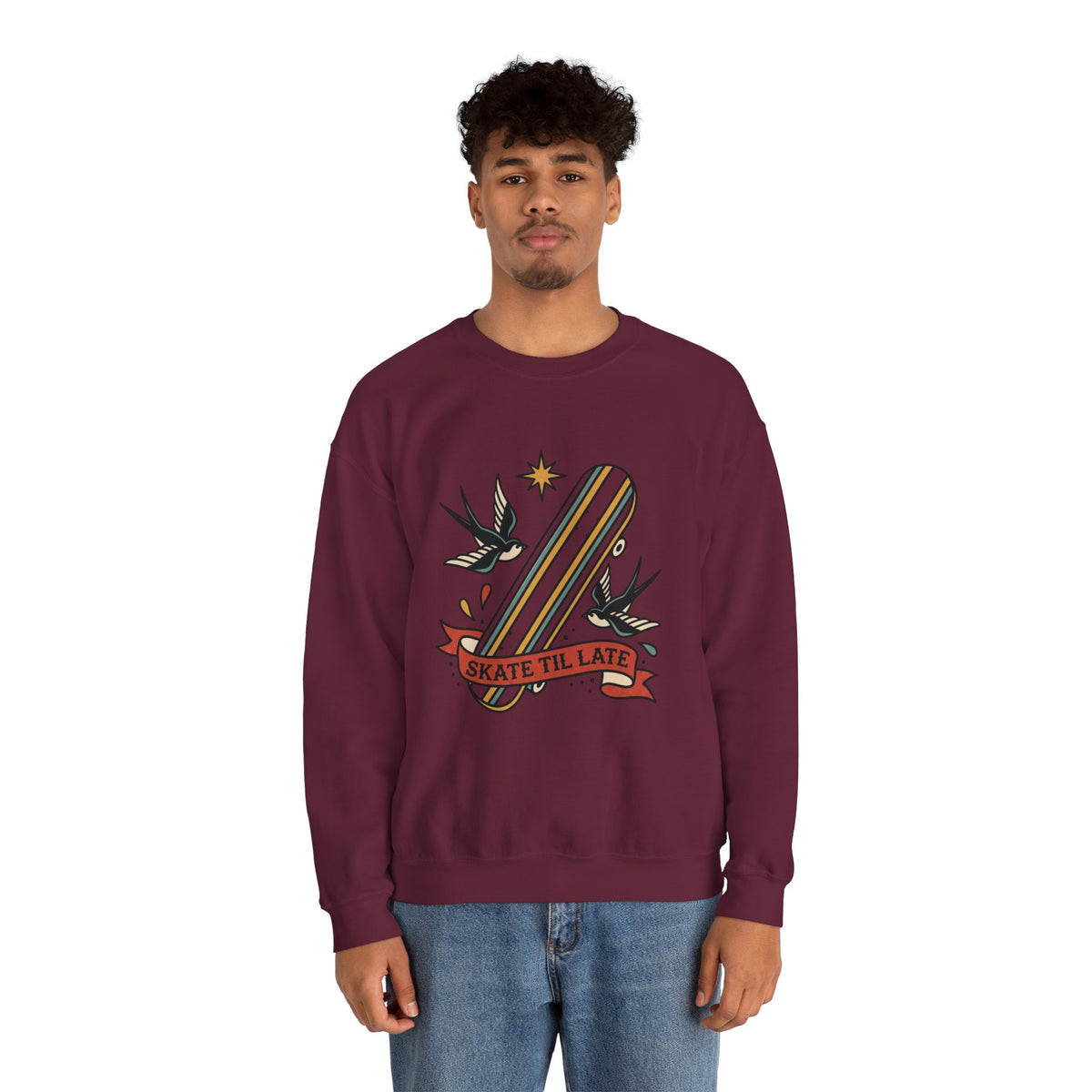 Skateboard Swallow Tattoo Crewneck Sweatshirt | Traditional Flash Graphic — view 3