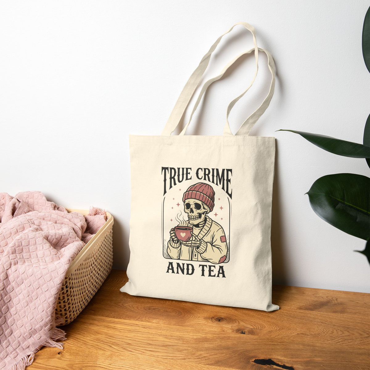 True Crime and Tea Tote | Skull Tea Illustration, Cotton Canvas Carryall — view 3