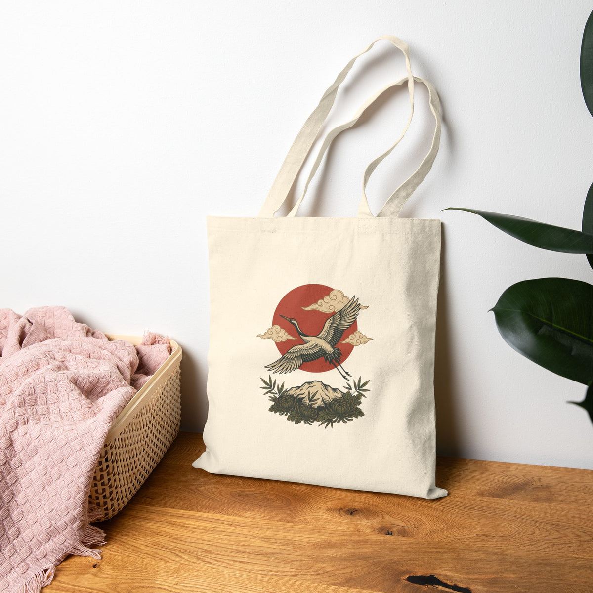 Vintage crane canvas tote with traditional tattoo-inspired bird and sun artwork — product view 1