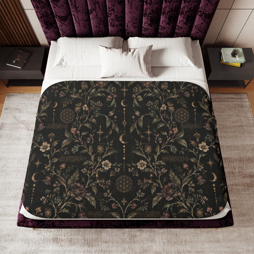 Botanical Moon sherpa blanket with gothic floral and celestial design — product view 1