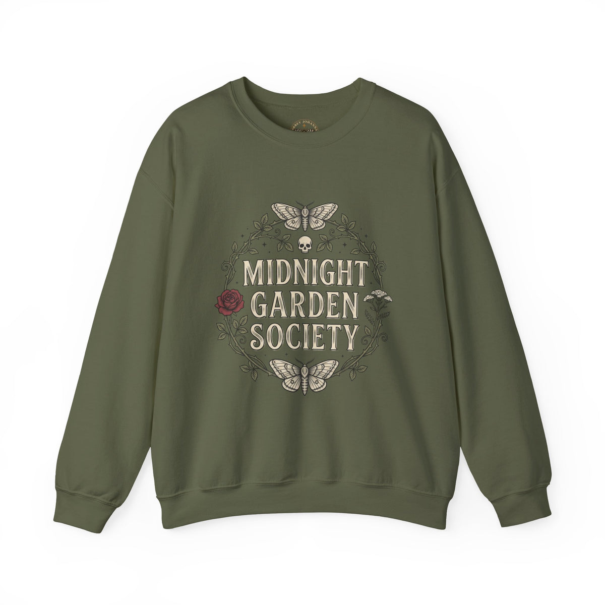 Midnight Garden botanical crest Sweatshirt | Gothic botanicals, floral skull motif — view 3