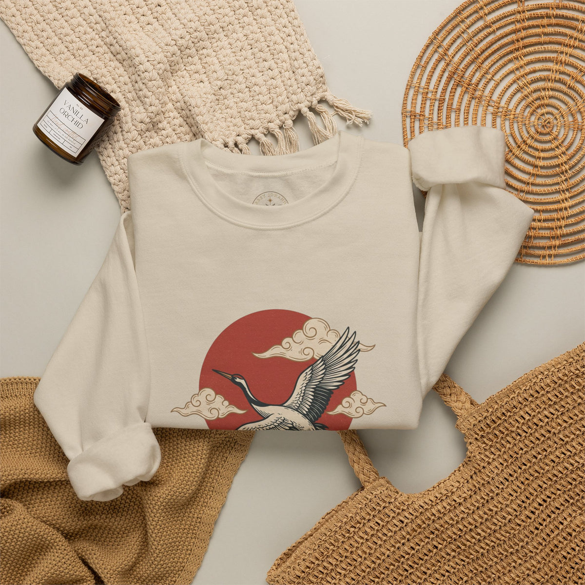 Traditional Tattoo-Style Crane Illustration Sweatshirt | Vintage Flash, Limited Palette — view 38
