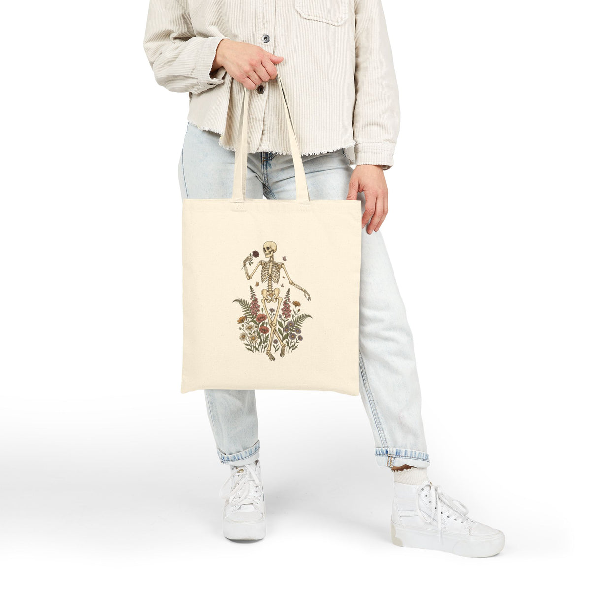 Skeleton with Wildflowers Tote | Gothic Botanicals canvas bag — view 6