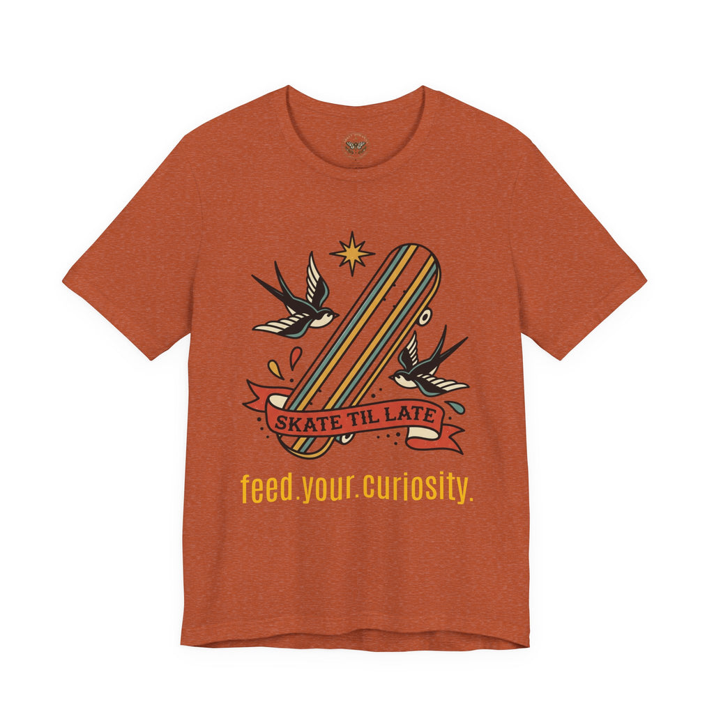 Skate Till Late Skateboard Tee | Traditional Tattoo Flash, Swallows & Banner — view 18