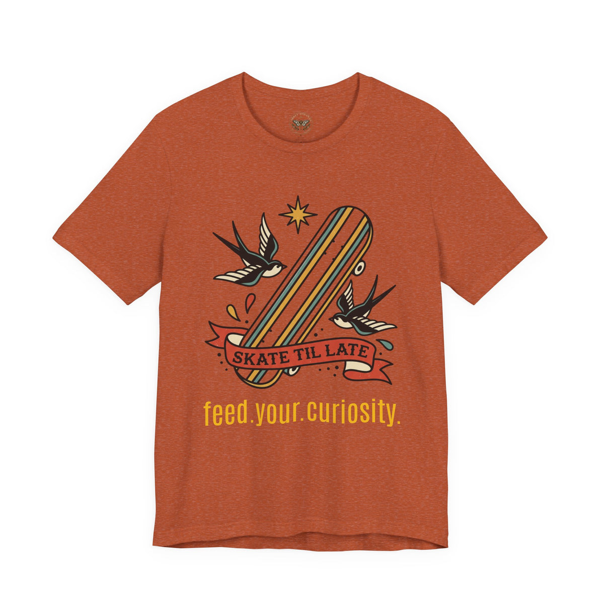 Skate Till Late Skateboard Tee | Traditional Tattoo Flash, Swallows & Banner — view 18