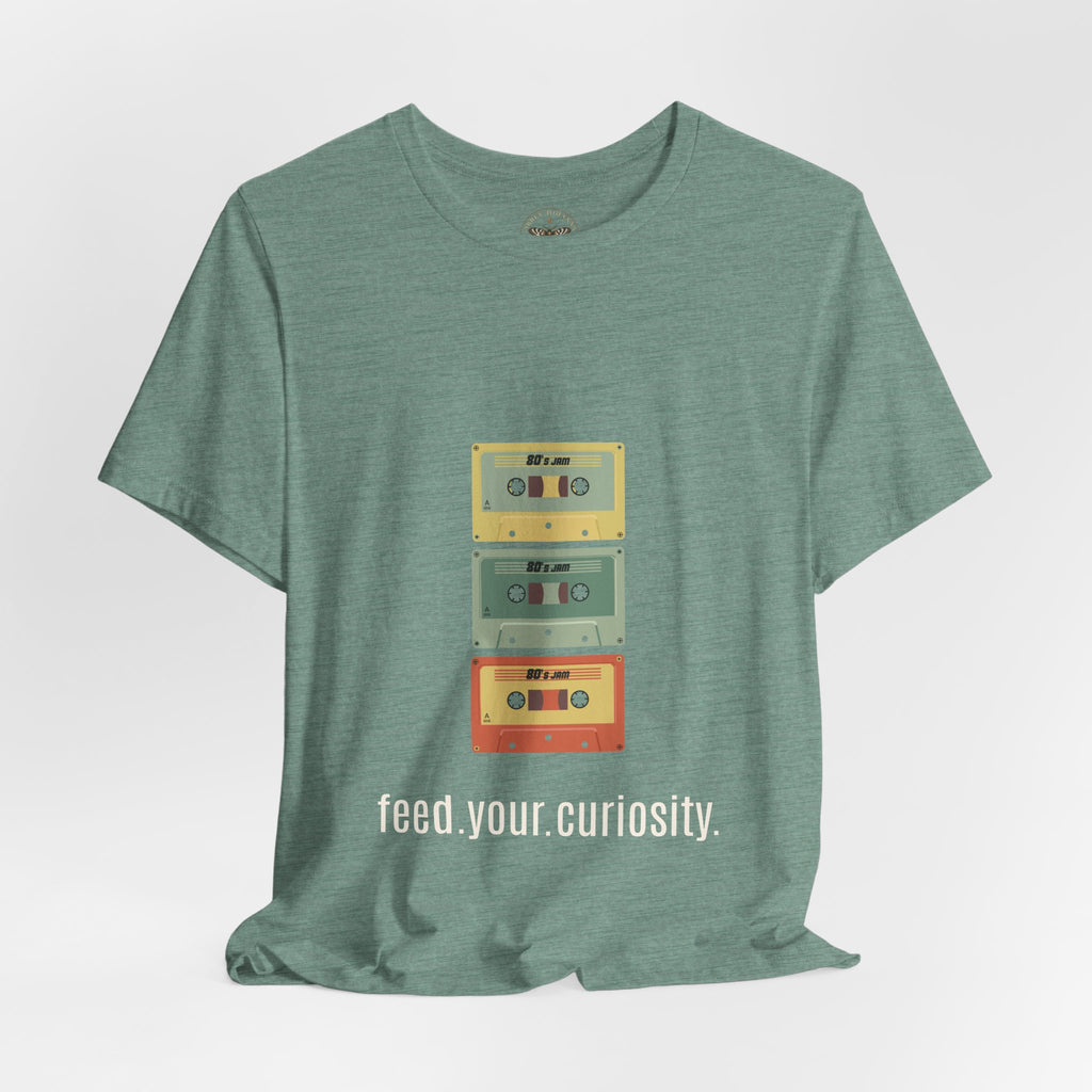 Feed Your Curiosity retro cassette tape graphic T-shirt — product view 7