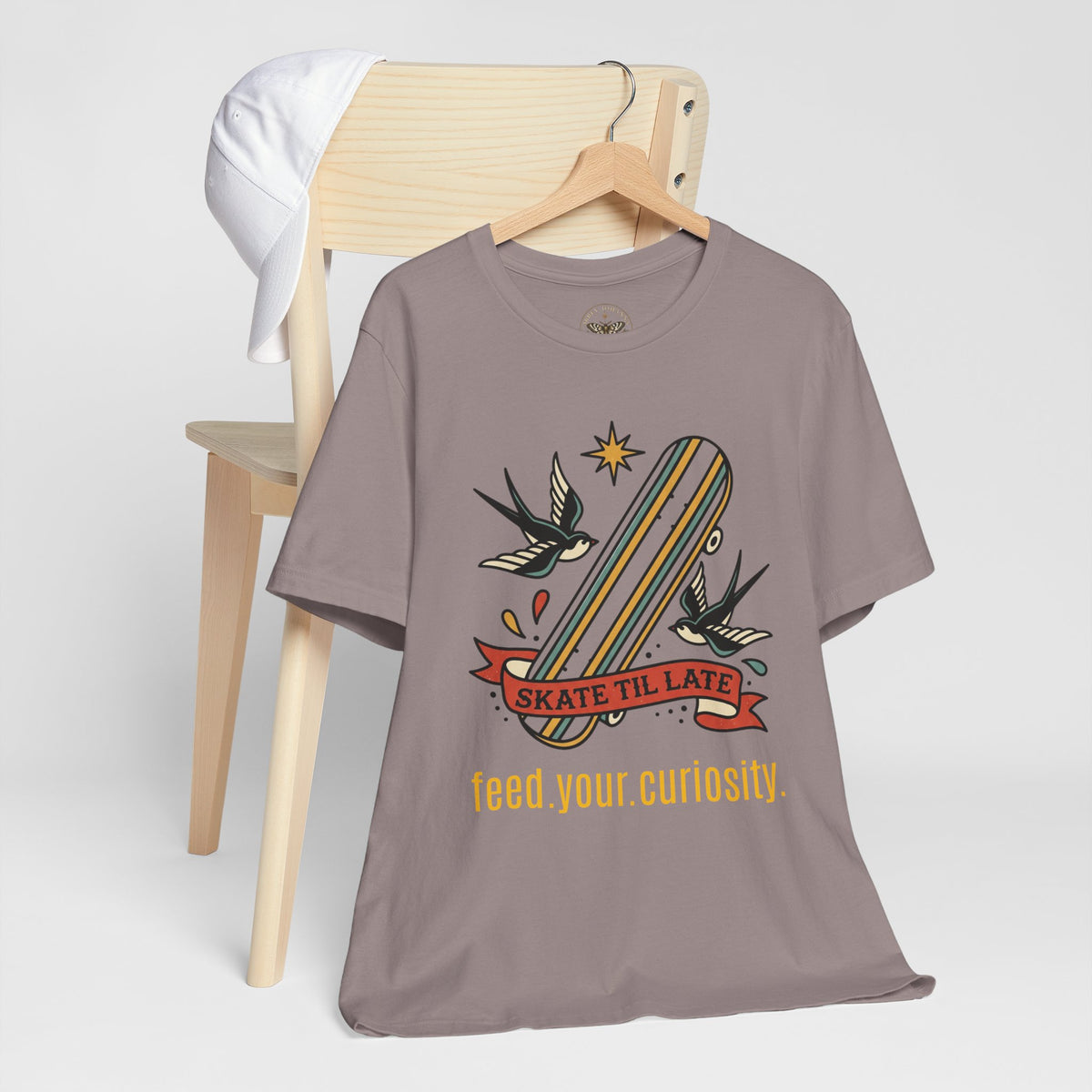 Skate Till Late Skateboard Tee | Traditional Tattoo Flash, Swallows & Banner — view 2