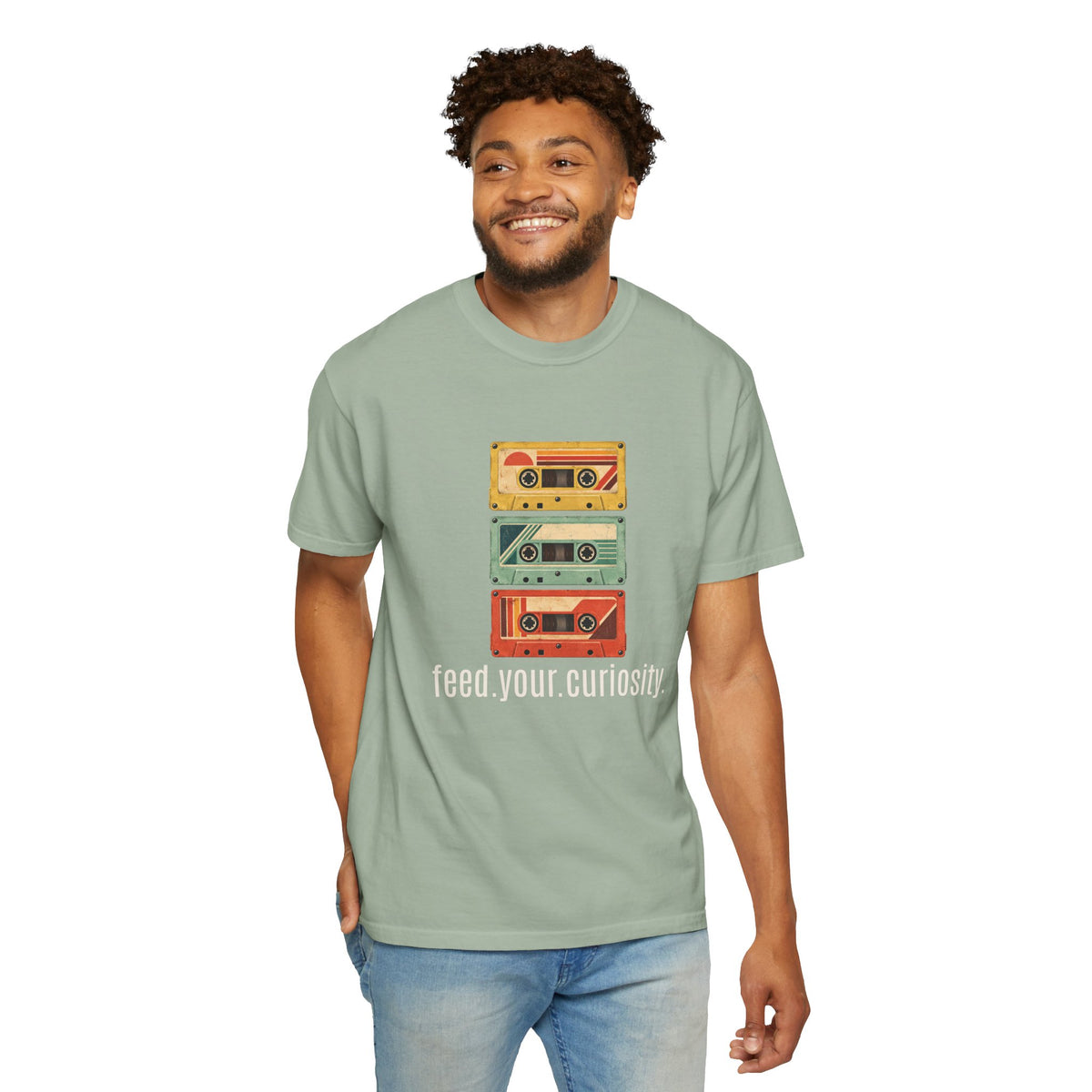 T-Shirt — Vintage Cassette Stack “feed.your.curiosity.” Retro Music Tee — view 7