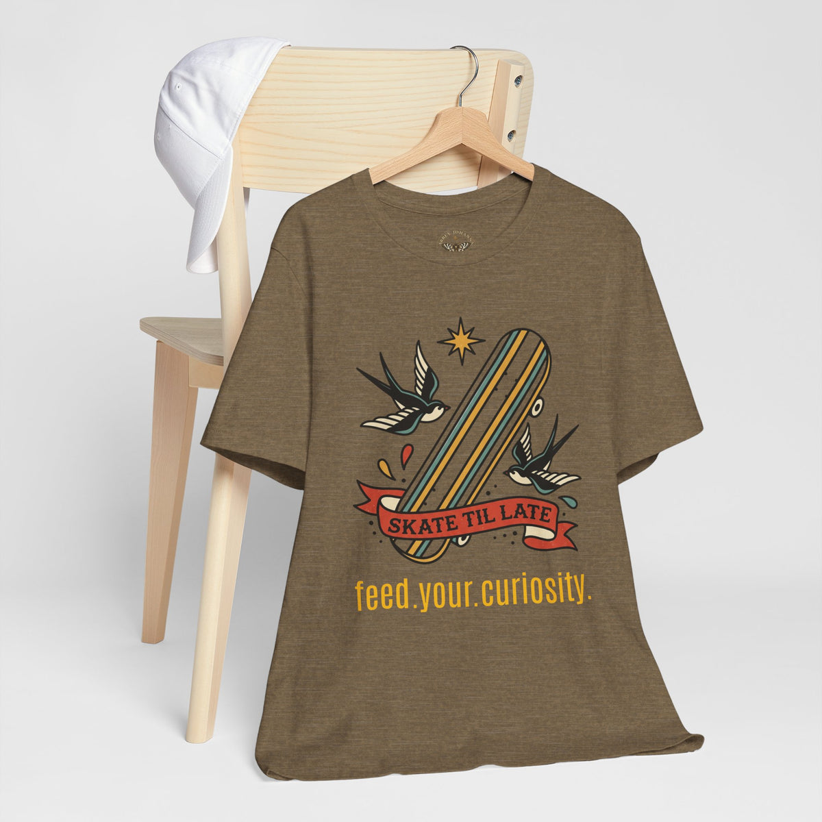 Skate Till Late Skateboard Tee | Traditional Tattoo Flash, Swallows & Banner — view 9