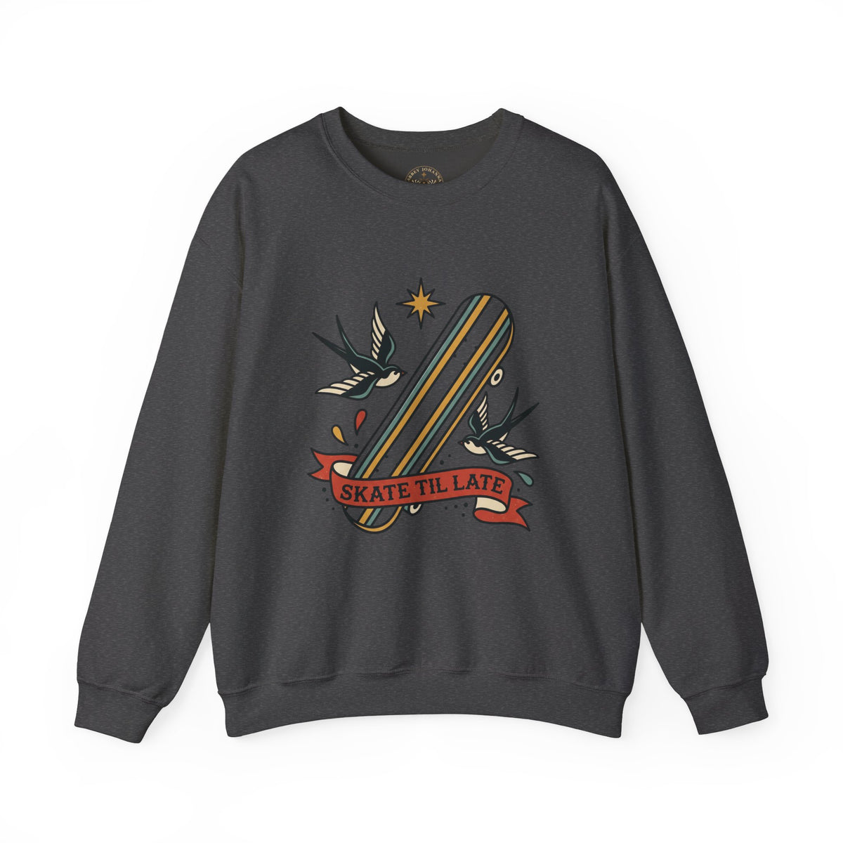 Skateboard Swallow Tattoo Crewneck Sweatshirt | Traditional Flash Graphic — view 7