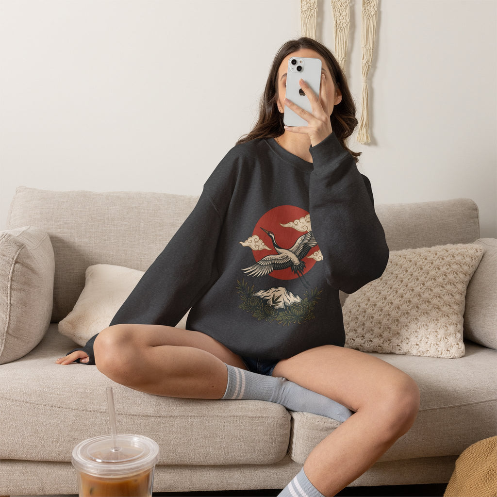 Traditional Tattoo-Style Crane Illustration Sweatshirt | Vintage Flash, Limited Palette — view 66