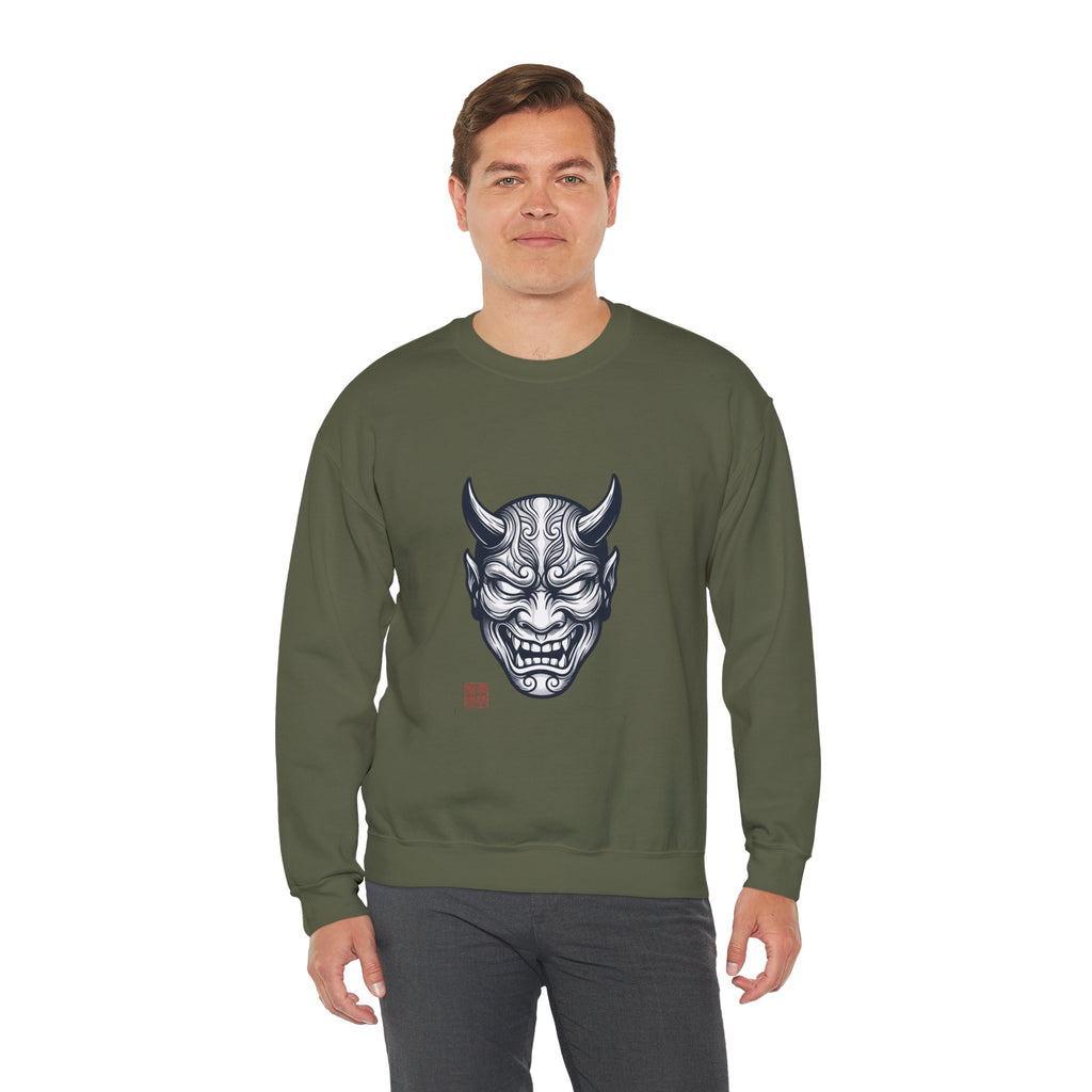 Oni Mask Illustration Crewneck Sweatshirt | Traditional Tattoo-Inspired, Bold Flash Art — view 3