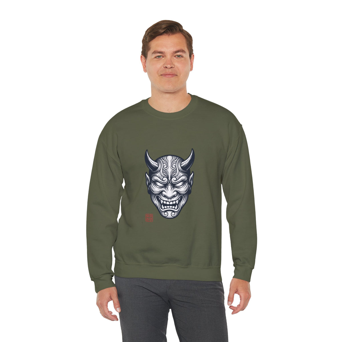Oni Mask Illustration Crewneck Sweatshirt | Traditional Tattoo-Inspired, Bold Flash Art — view 3