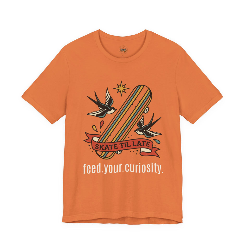Skate Till Late Skateboard Tee | Traditional Tattoo Flash, Swallows & Banner — view 15