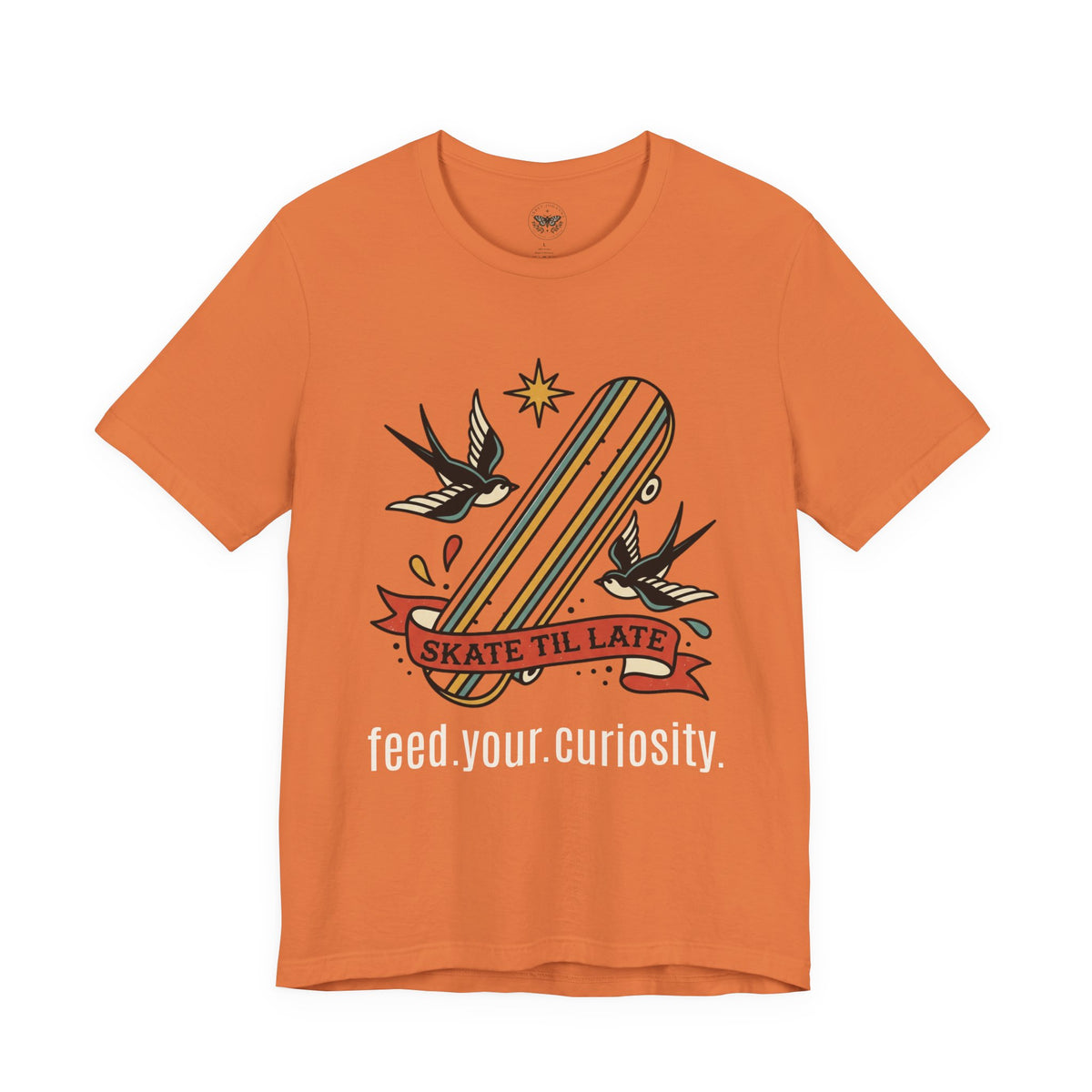 Skate Till Late Skateboard Tee | Traditional Tattoo Flash, Swallows & Banner — view 15
