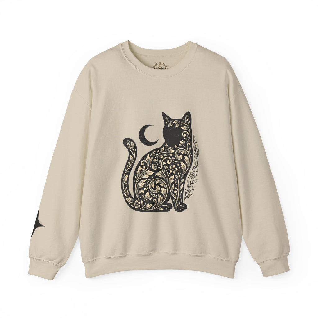 Gothic Botanical Cat Sweatshirt | Crescent Moon, Ornate Florals