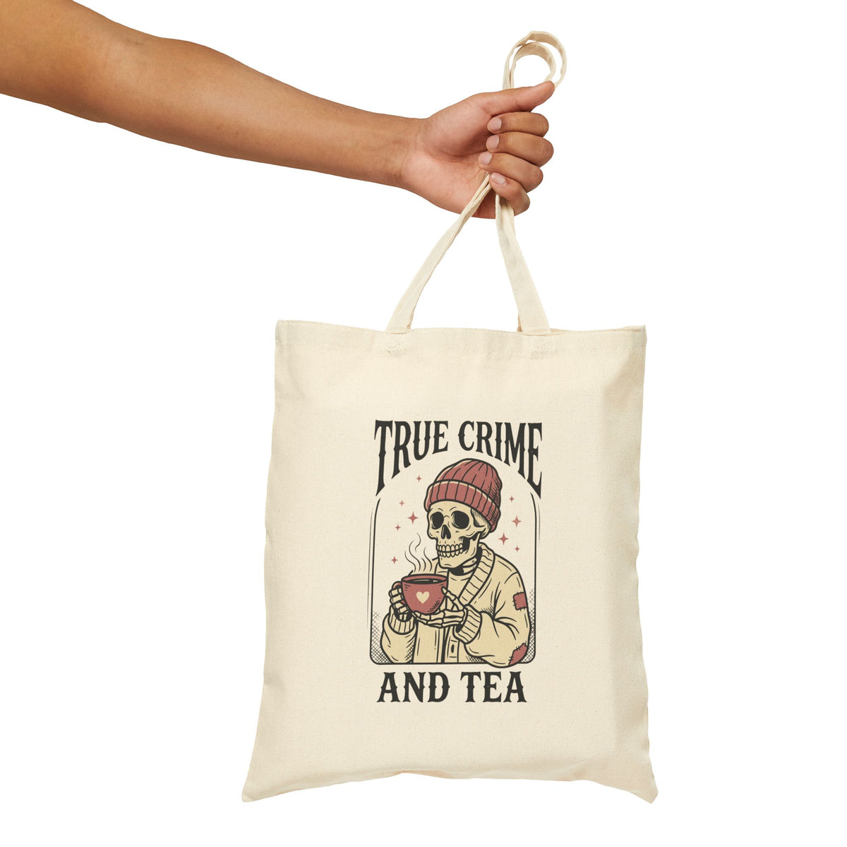 True Crime and Tea Tote | Skull Tea Illustration, Cotton Canvas Carryall — view 2