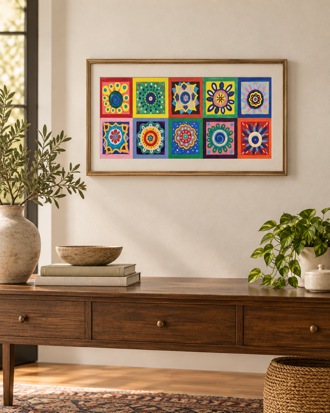 Folk Bloom Mandala Grid | Colorful Folk Wall Art — product image 3