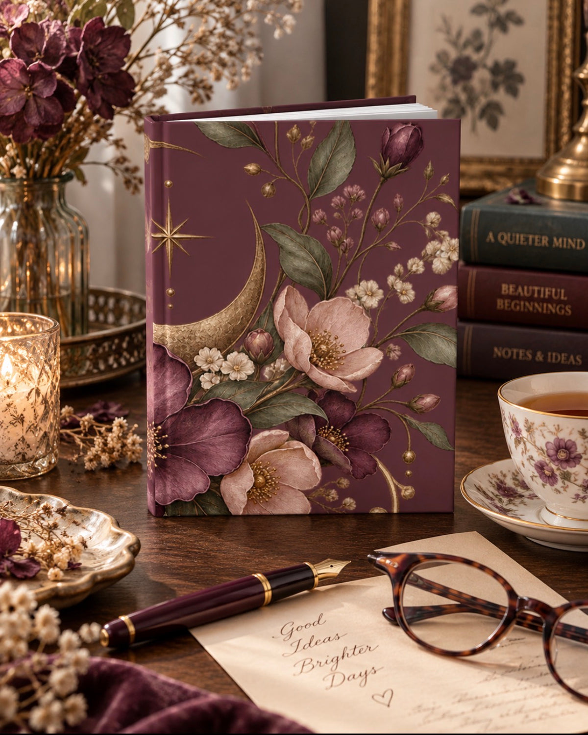 Moonlit Floral Hardcover Journal — Blush & Plum Floral Notebook — view 1