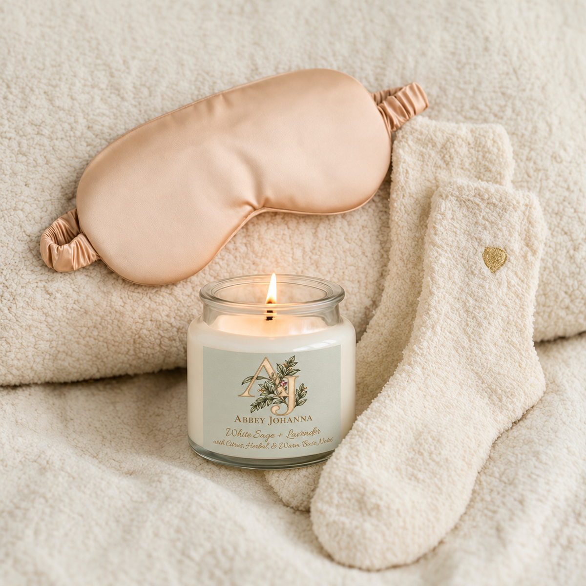 Soy Candle, Sleep Mask & Socks Gift Set — White Sage + Lavender — view 1