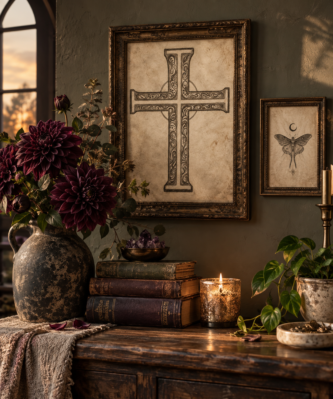 Sacred Bloom Cross Fine Art Print | Christian Cross Wall Art | Vintage Faith Decor — view 1