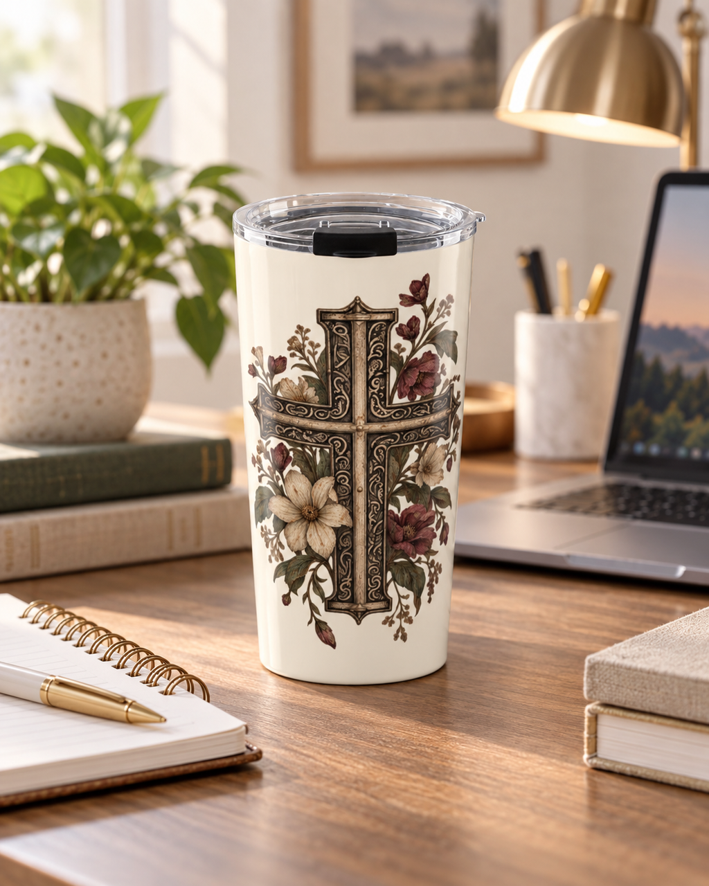 20oz Floral Cross Tumbler — Faith Scripture Travel Mug — view 3