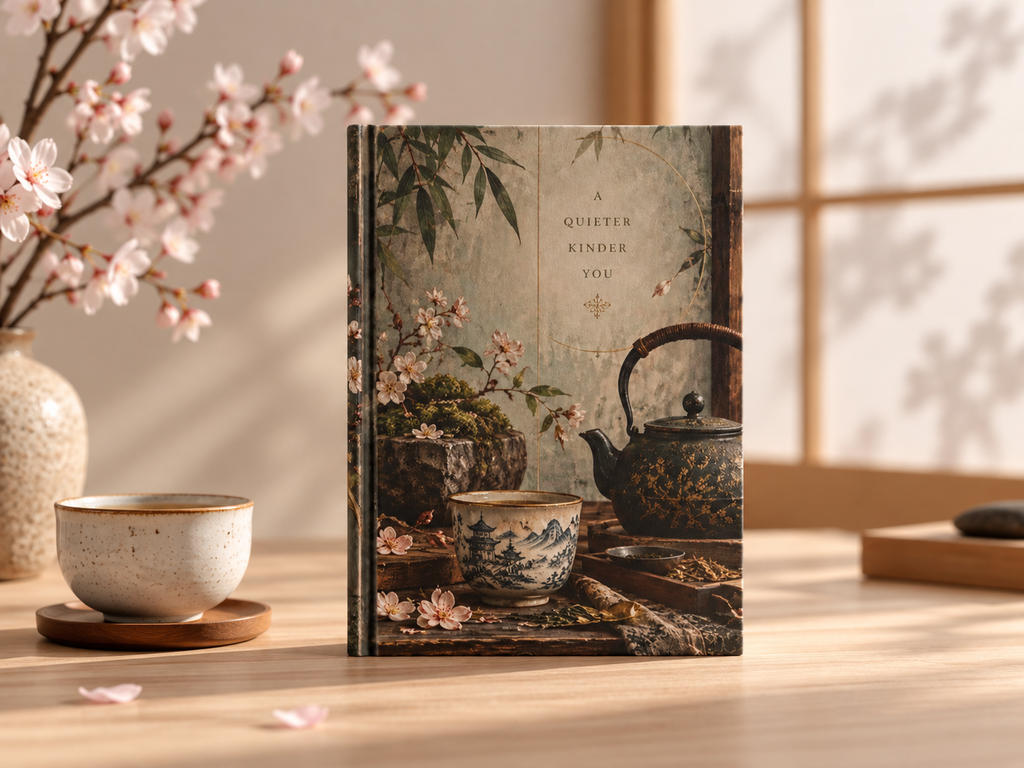 Vintage Tea Still Life Hardcover Journal — 'Quieter, Kinder, You' Matte Notebook — view 1
