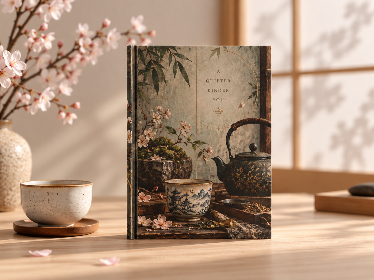 Vintage Tea Still Life Hardcover Journal — 'Quieter, Kinder, You' Matte Notebook — view 1