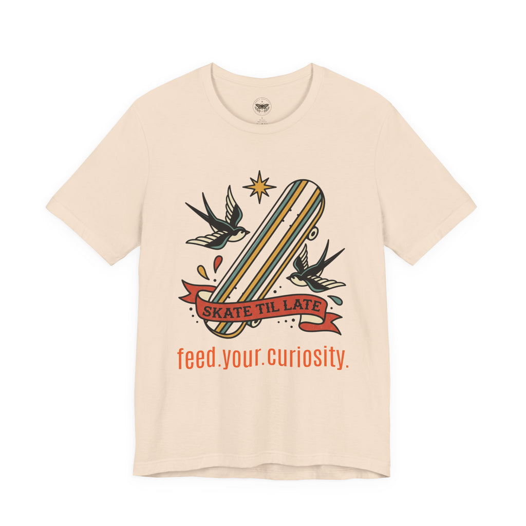 Skate Till Late Skateboard Tee | Traditional Tattoo Flash, Swallows & Banner — view 14