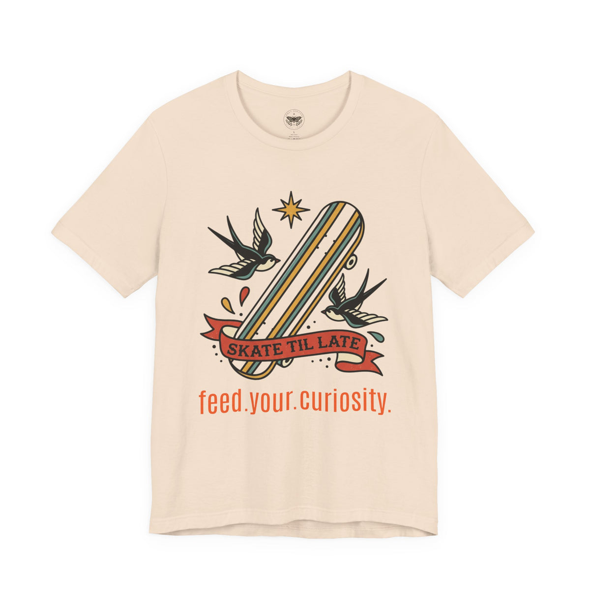 Skate Till Late Skateboard Tee | Traditional Tattoo Flash, Swallows & Banner — view 14