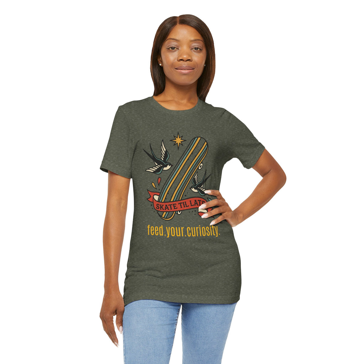 Skate Till Late Skateboard Tee | Traditional Tattoo Flash, Swallows & Banner — view 31