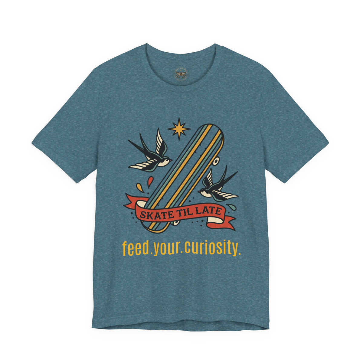 Skate Till Late Skateboard Tee | Traditional Tattoo Flash, Swallows & Banner — view 23