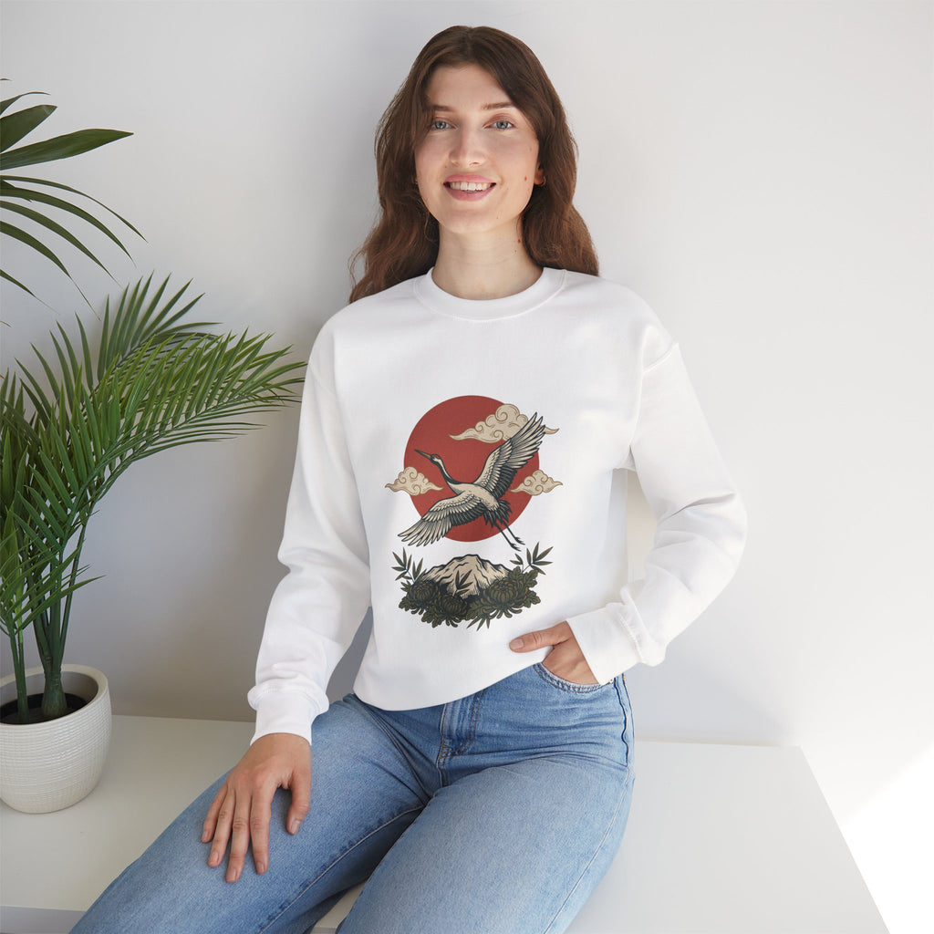 Traditional Tattoo-Style Crane Illustration Sweatshirt | Vintage Flash, Limited Palette — view 25