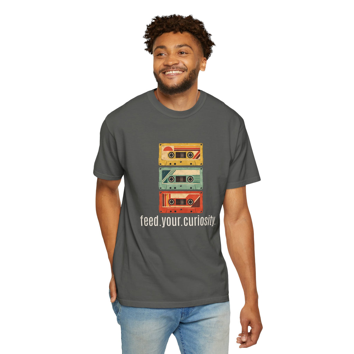 T-Shirt — Vintage Cassette Stack “feed.your.curiosity.” Retro Music Tee — view 6